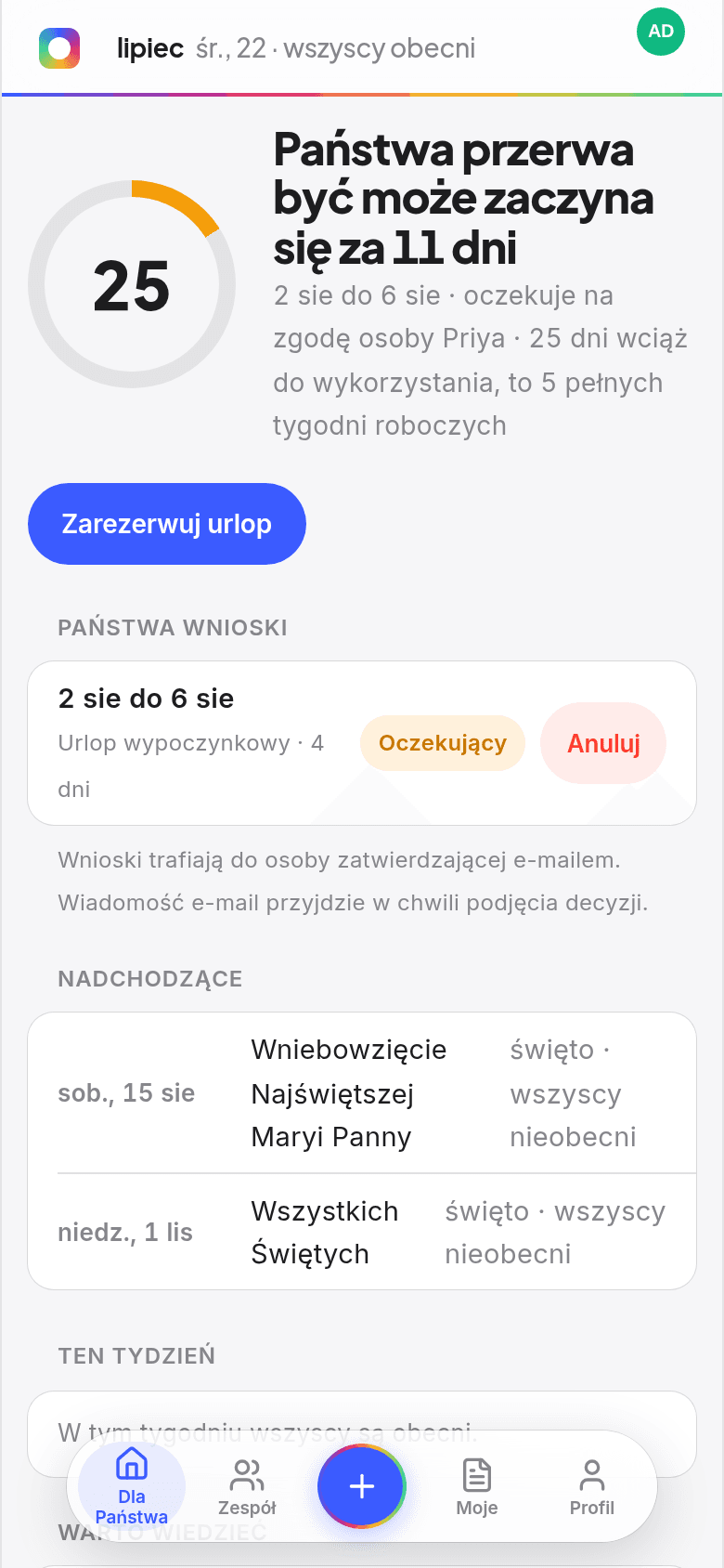 Ekran startowy pracownika w Book Time Off z pozostałymi dniami na pierścieniu, nadchodzącym urlopem i informacją, kto ma wolne w tym tygodniu
