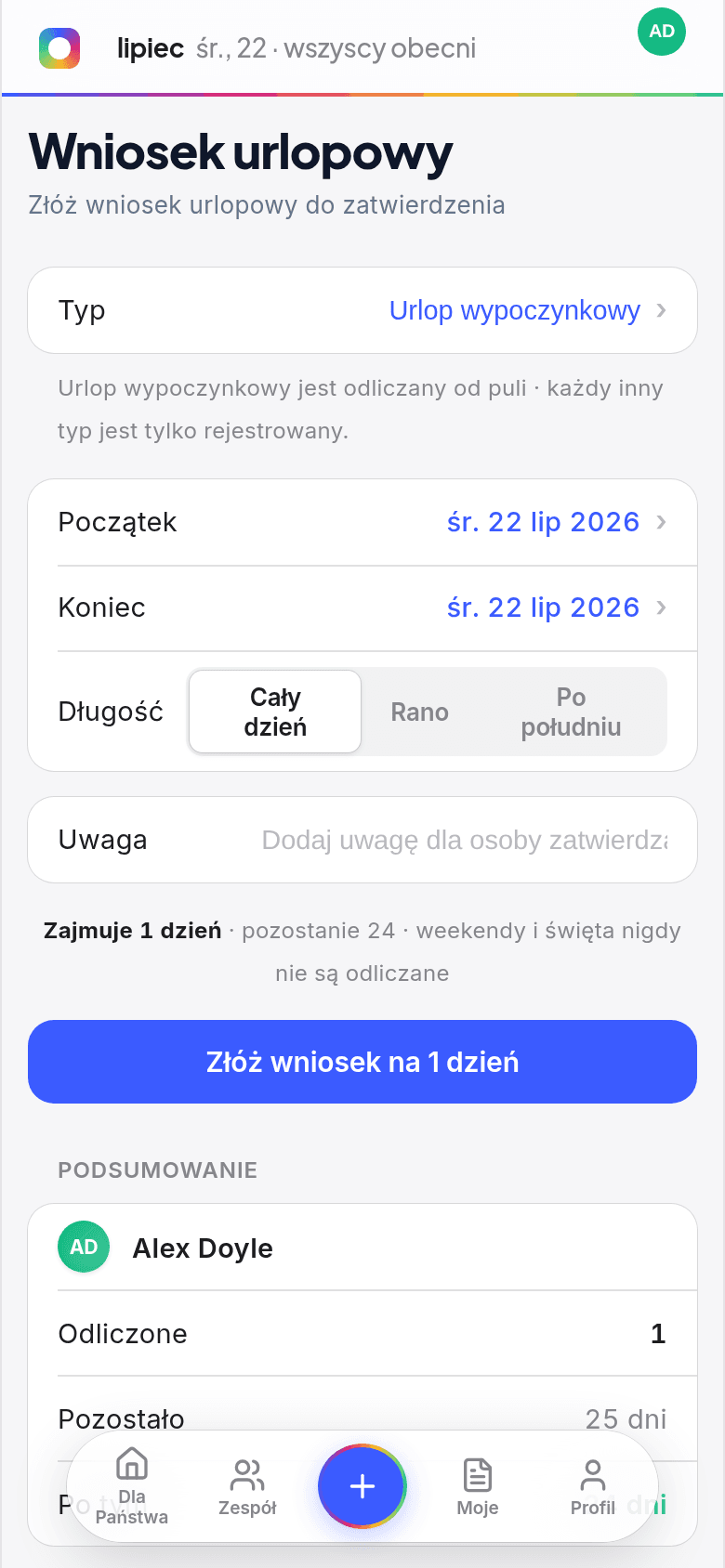 Wniosek o urlop z telefonu w Book Time Off, z odliczeniem z puli i wyborem całego dnia lub połowy