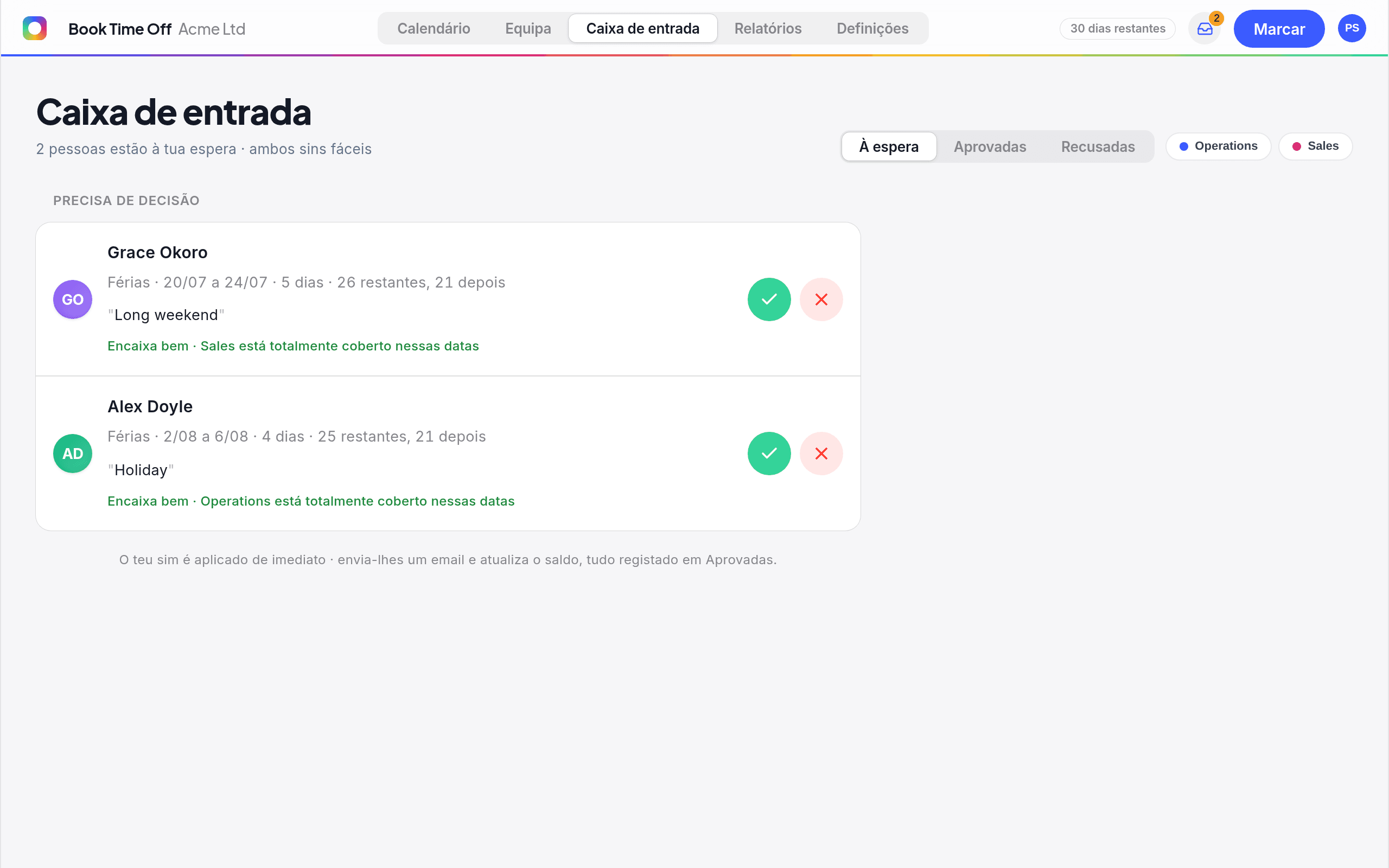 A caixa de entrada do Book Time Off com pedidos de férias pendentes, botões de aprovar e recusar com um clique e os dias restantes antes e depois de cada pedido