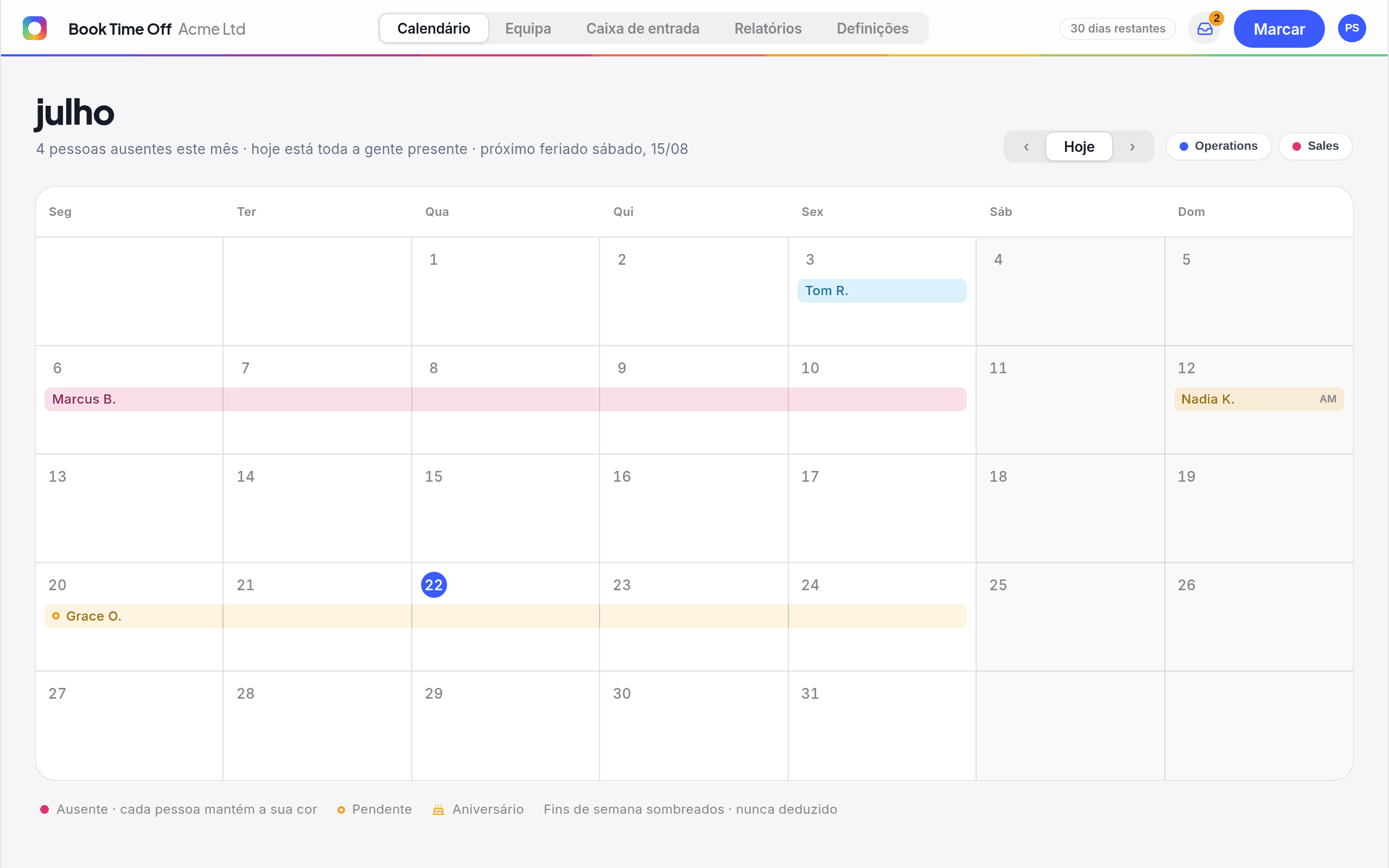 Calendário partilhado do Book Time Off em junho com quem está de férias, pedidos pendentes, aniversários e o próximo feriado