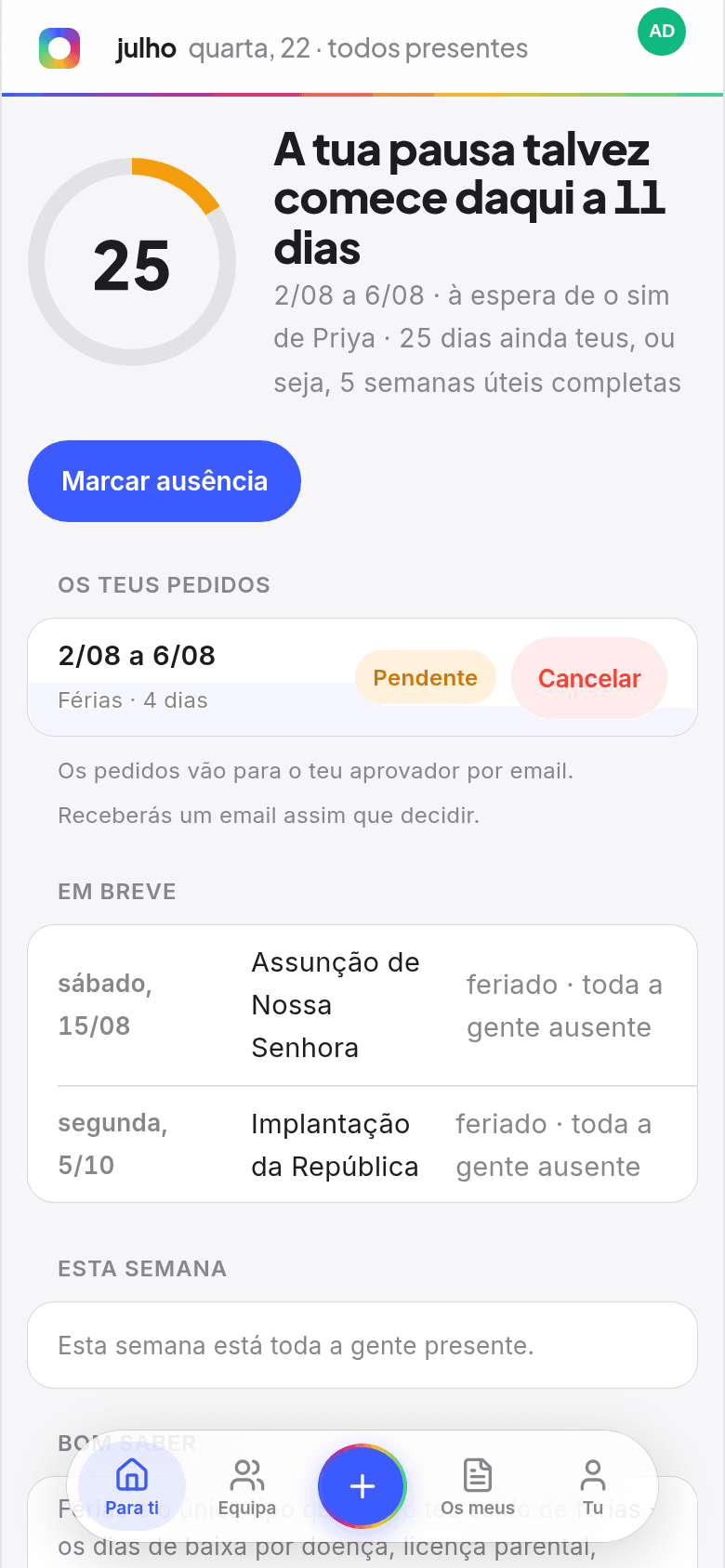 O ecrã inicial do colaborador no Book Time Off com os dias restantes num anel, as próximas férias e quem está de férias esta semana