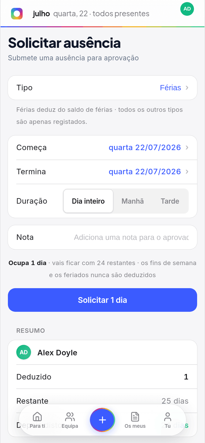 Pedido de férias a partir do telemóvel no Book Time Off, com o desconto ao saldo de férias e a escolha entre dia inteiro e meio dia