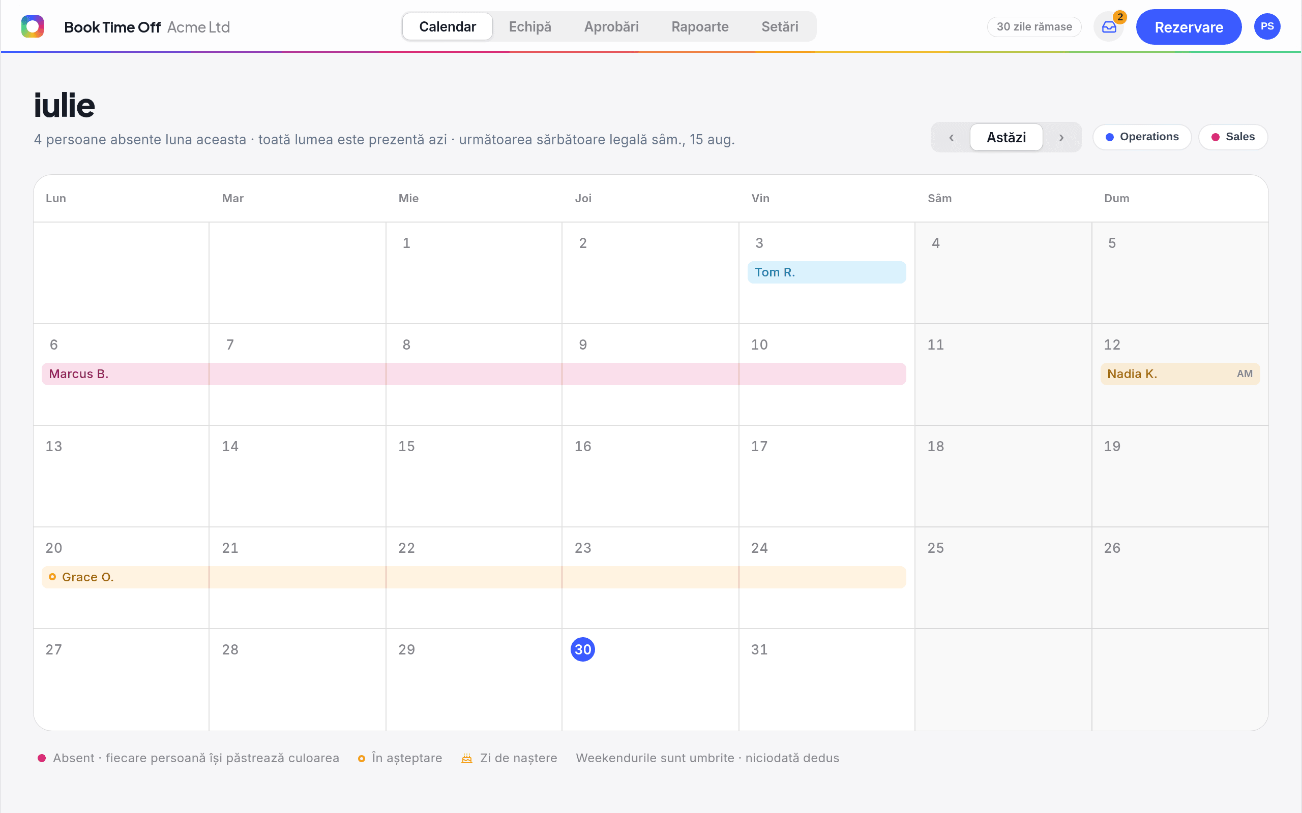 Calendarul comun Book Time Off pentru iunie, care arată cine e plecat, cererile în așteptare, zilele de naștere și următoarea sărbătoare legală