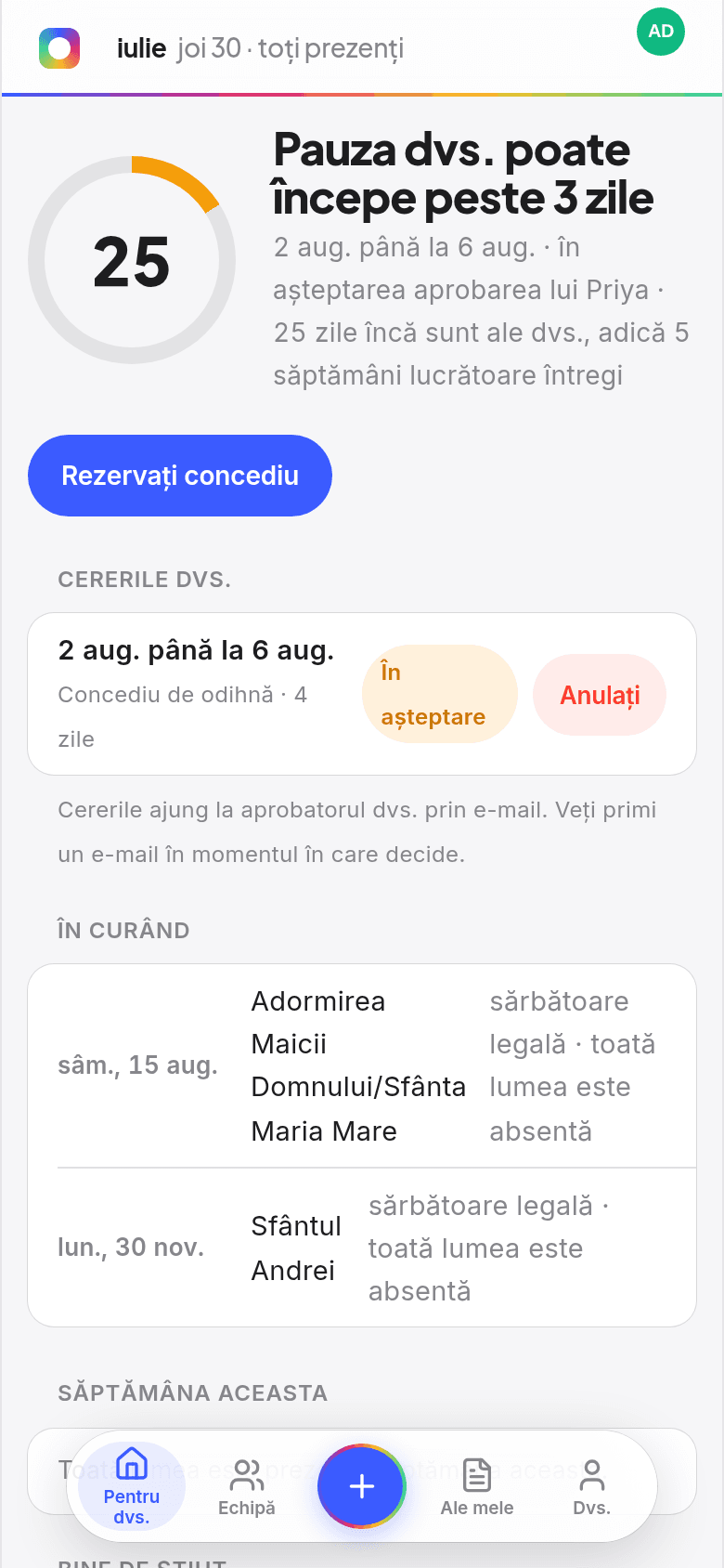 Ecranul principal al angajatului în Book Time Off, cu zilele rămase pe un inel, concediile viitoare și cine e plecat în această săptămână
