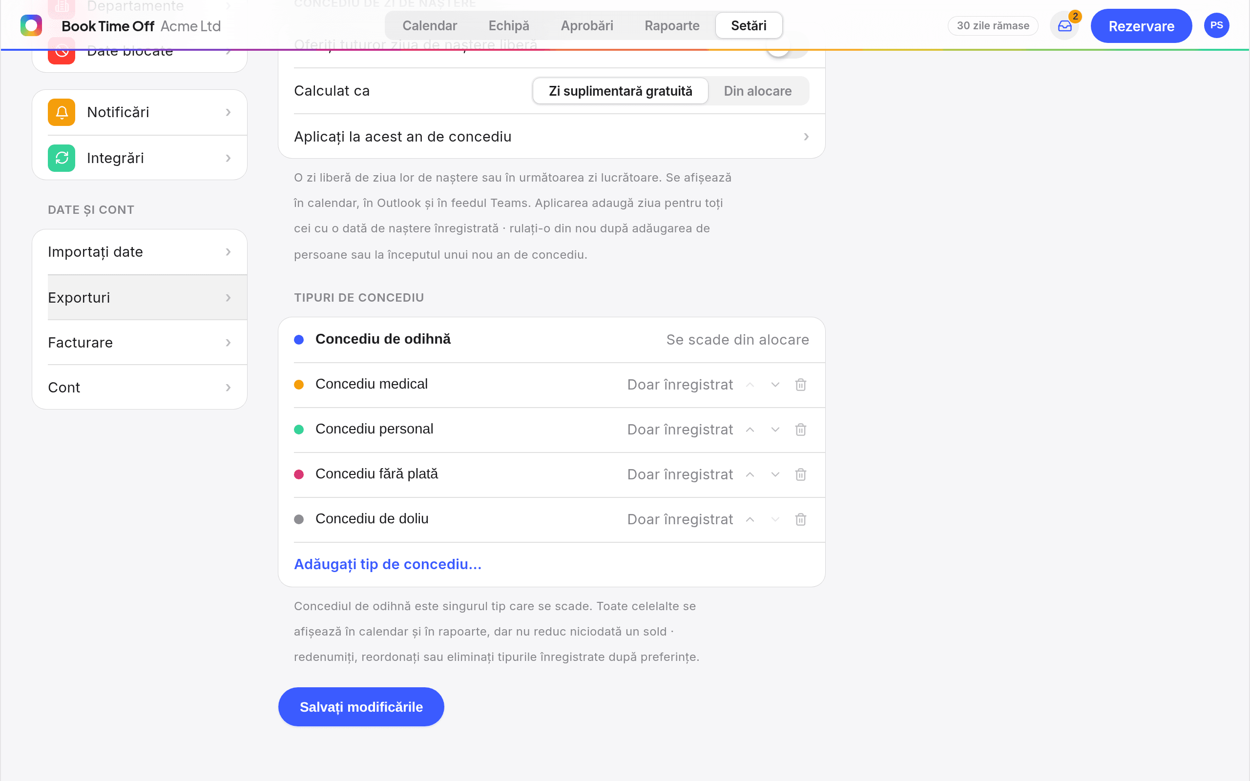Setările Tipuri de concediu cu lista editabilă și butonul Adaugă tip de concediu