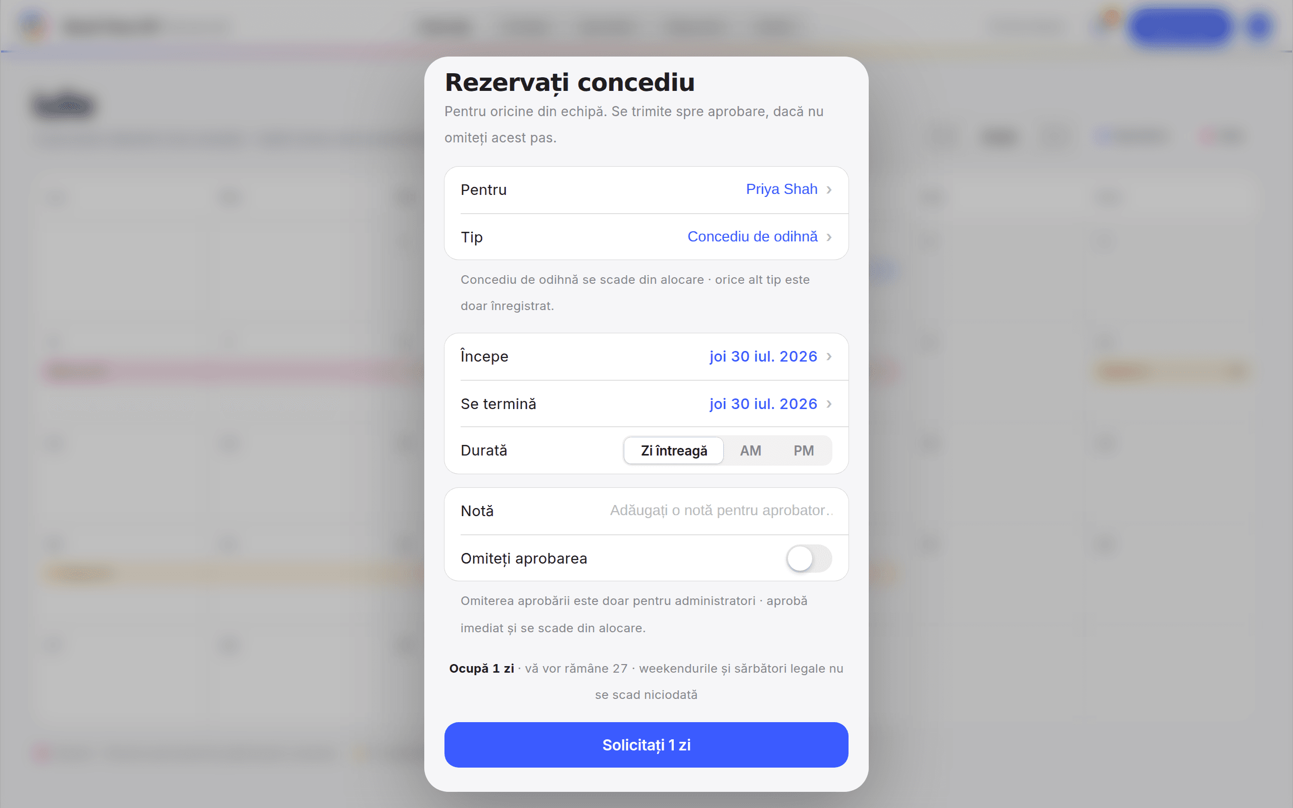 Formularul Adaugă concediu cu date din trecut și comutatorul Sari peste aprobare