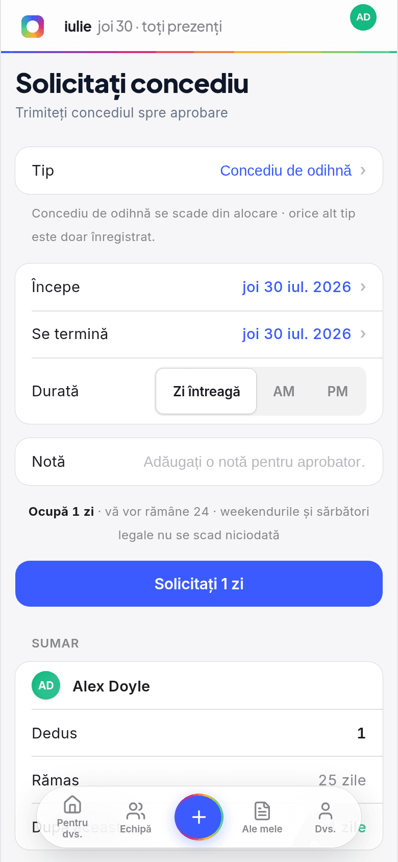 Cerere de concediu de pe telefon în Book Time Off, cu concediul care se scade din soldul de zile și cu alegerea între o zi întreagă sau jumătate de zi