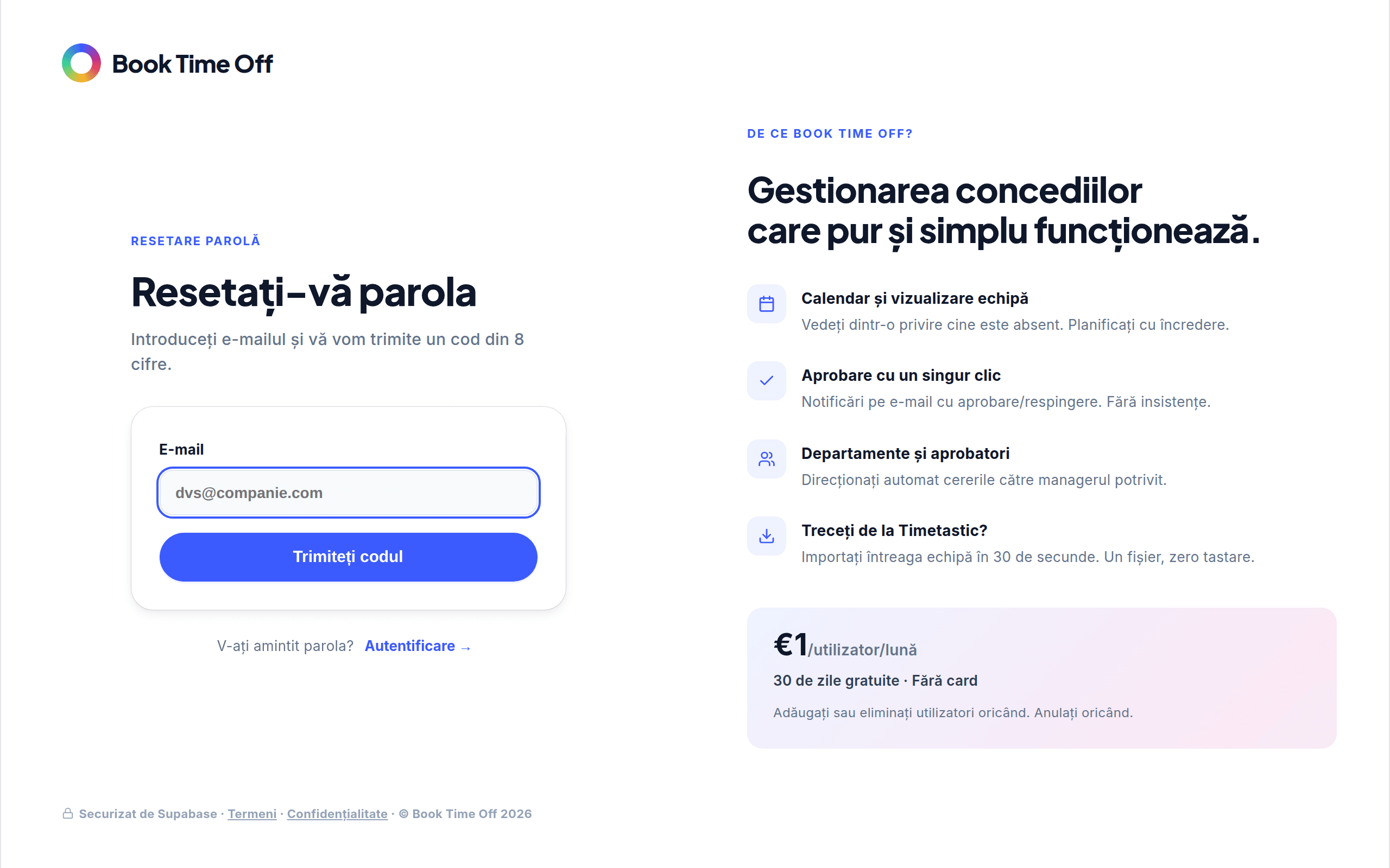 Ecranul Resetează-ți parola cu un câmp de e-mail și butonul Trimite codul