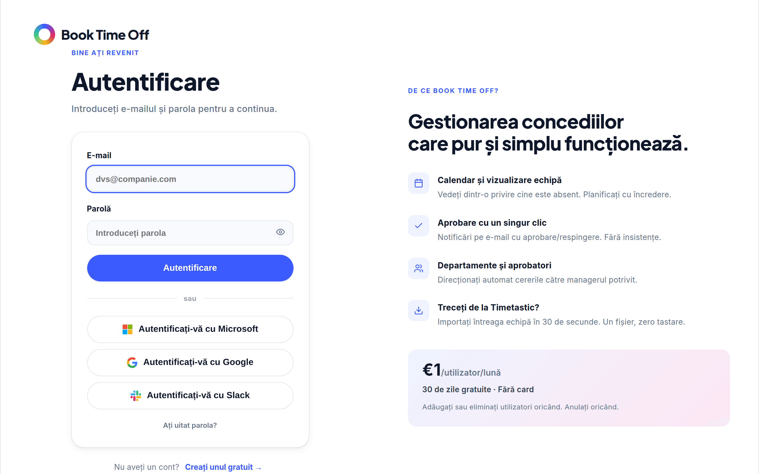 Ecranul de autentificare cu e-mail, parolă și un buton Autentifică-te cu Microsoft