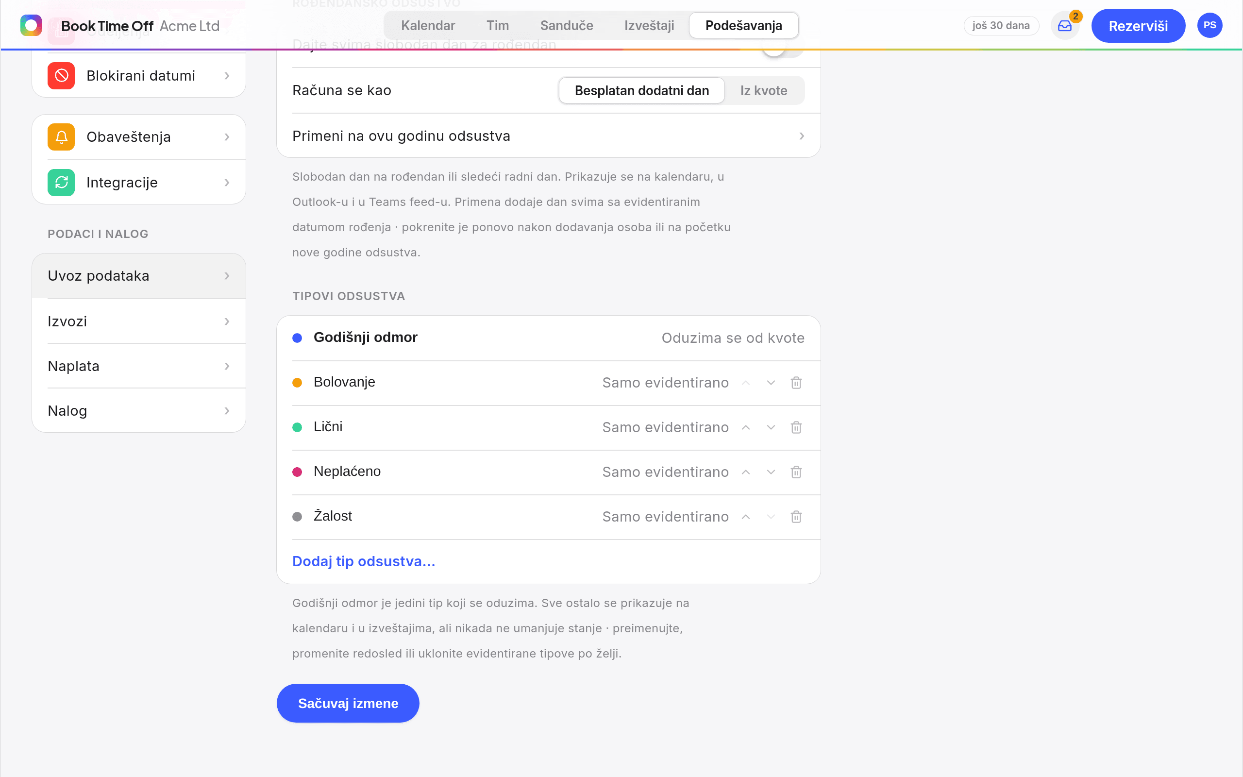 Podešavanja Tipovi odsustva koja prikazuju listu za izmenu i dugme Dodaj tip odsustva