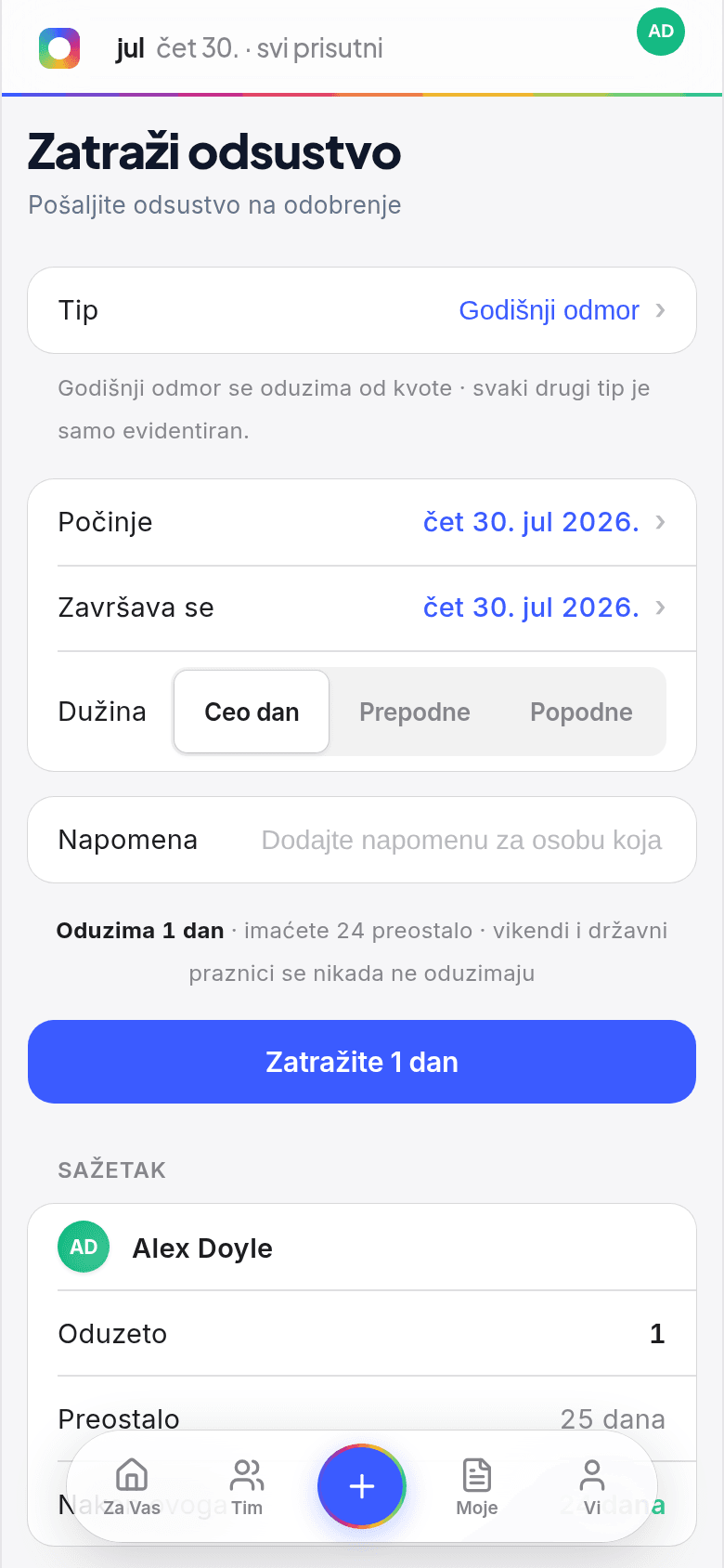 Zahtev za odmor sa telefona u Book Time Off, sa oduzimanjem od godišnjeg i izborom celog ili pola dana