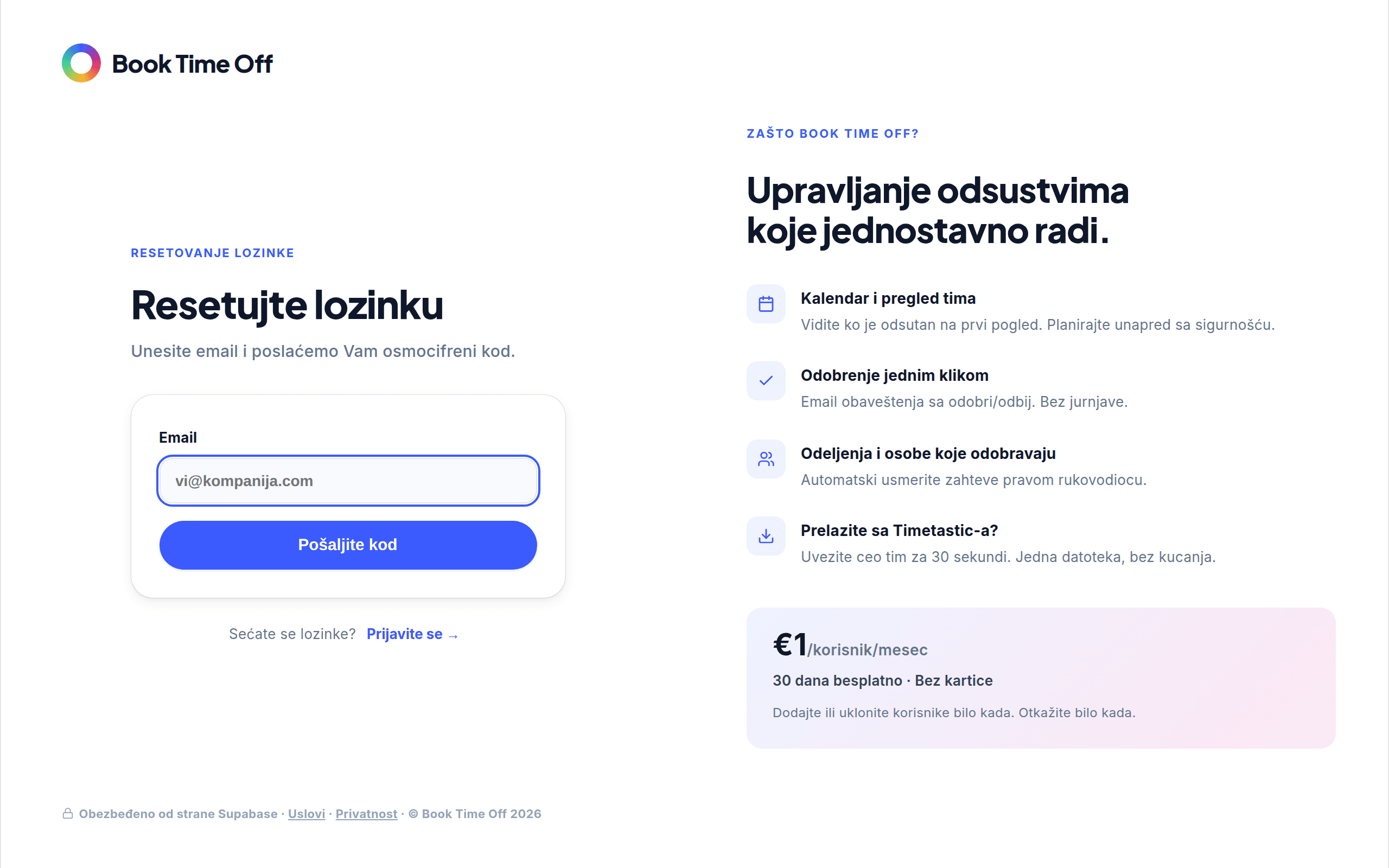 Ekran Resetujte lozinku sa poljem za email i dugmetom Pošalji kod