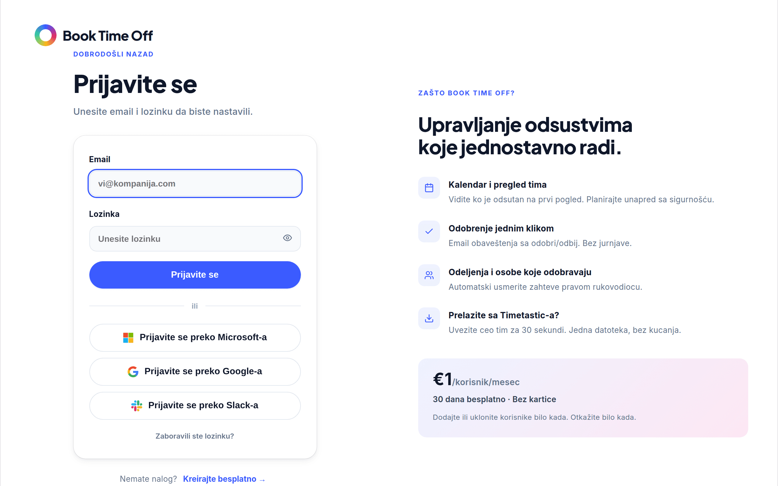 Ekran za prijavu sa email-om, lozinkom i dugmetom Prijava putem Microsoft naloga