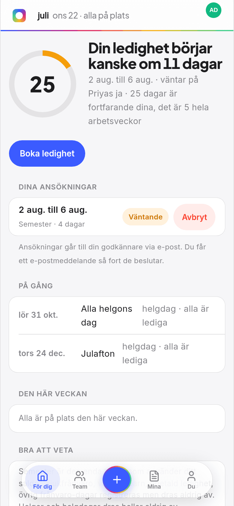 Startvyn för medarbetare i Book Time Off med dagar kvar i en ring, kommande ledighet och vilka som är lediga i veckan