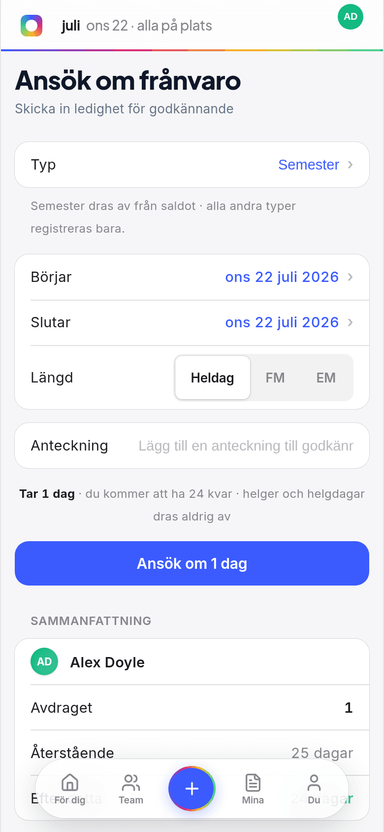 Semesteransökan från mobilen i Book Time Off, med dagar som dras från potten och val mellan heldag och halvdag