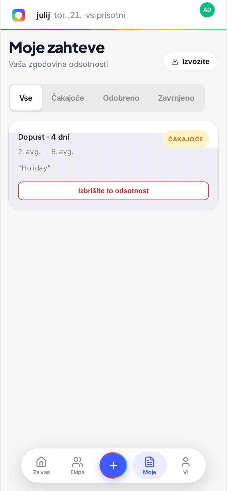 Zaslon Moje zahteve na telefonu s čakajočo zahtevo in gumbom Izbriši to odsotnost