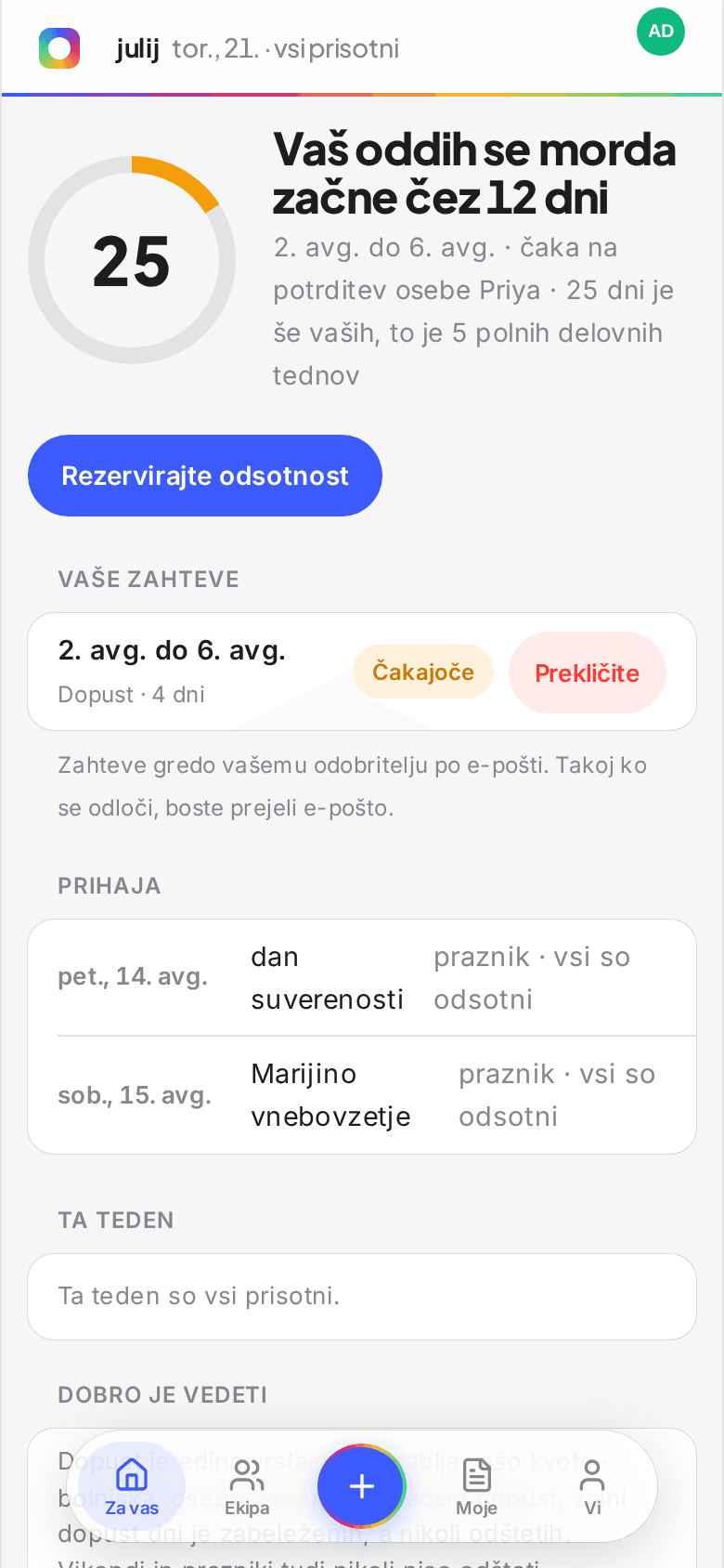Domači zaslon Book Time Off na telefonu z letnim obročem, preostalimi dnevi in lebdečo orodno vrstico