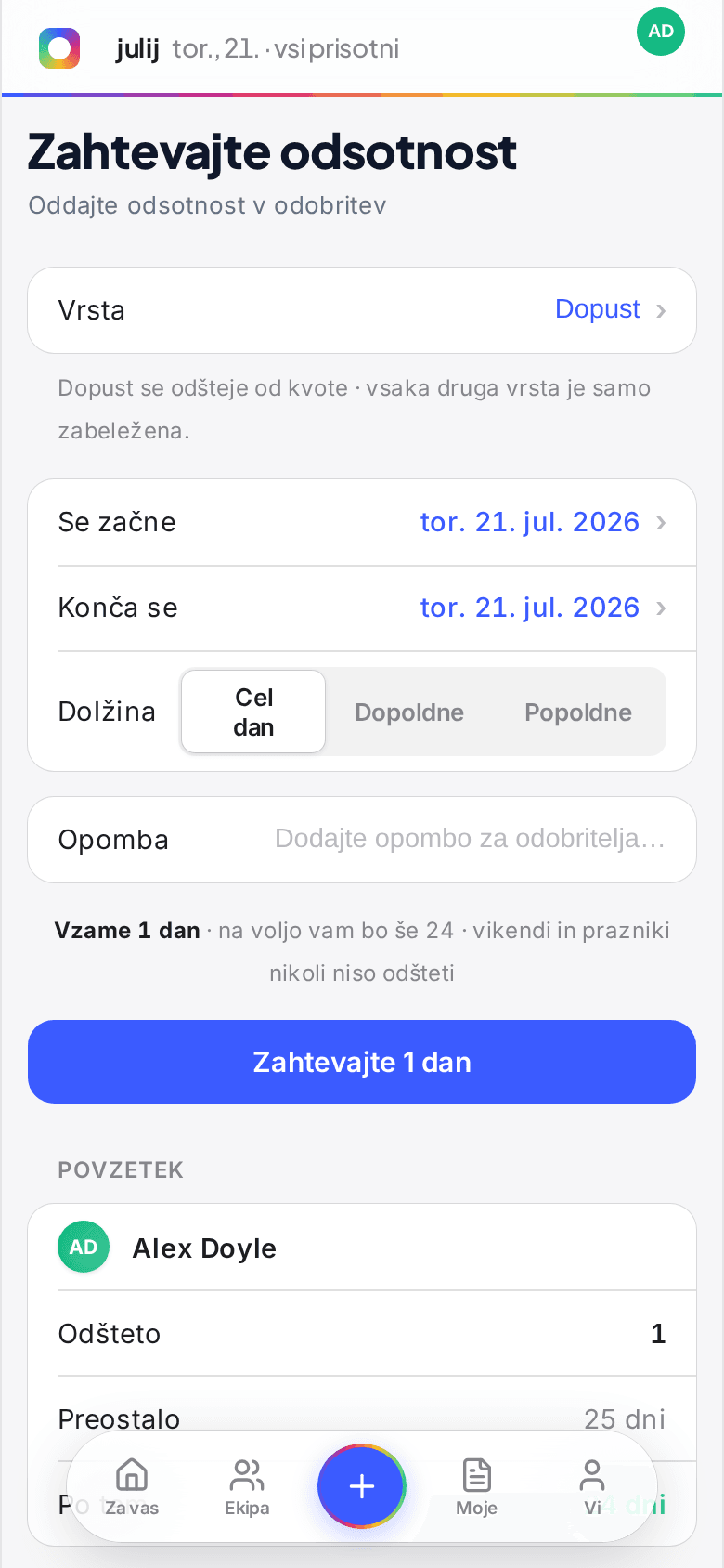 Obrazec za zahtevo odsotnosti na telefonu z vrsto, datumi in poljem za razlog
