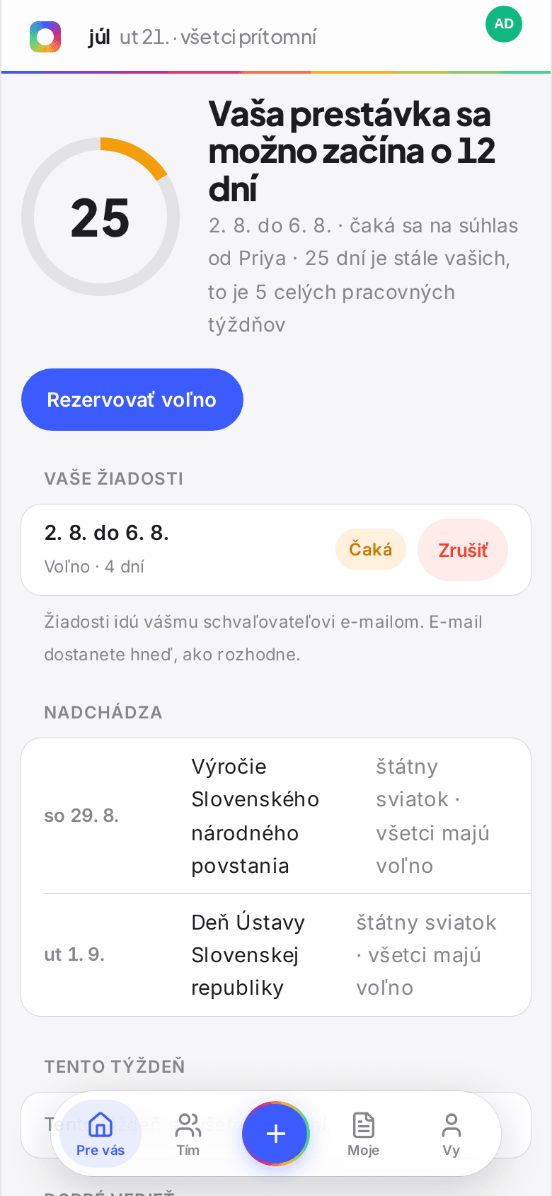 Obrazovka Pre teba s ročným prstencom zobrazujúcim zostávajúce dni, vyčerpané dni a ročný nárok