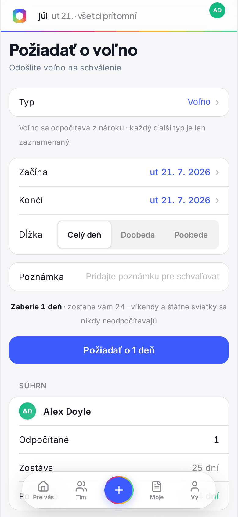 Formulár Požiadať o voľno v telefóne s typom, dátumami a poľom dôvodu