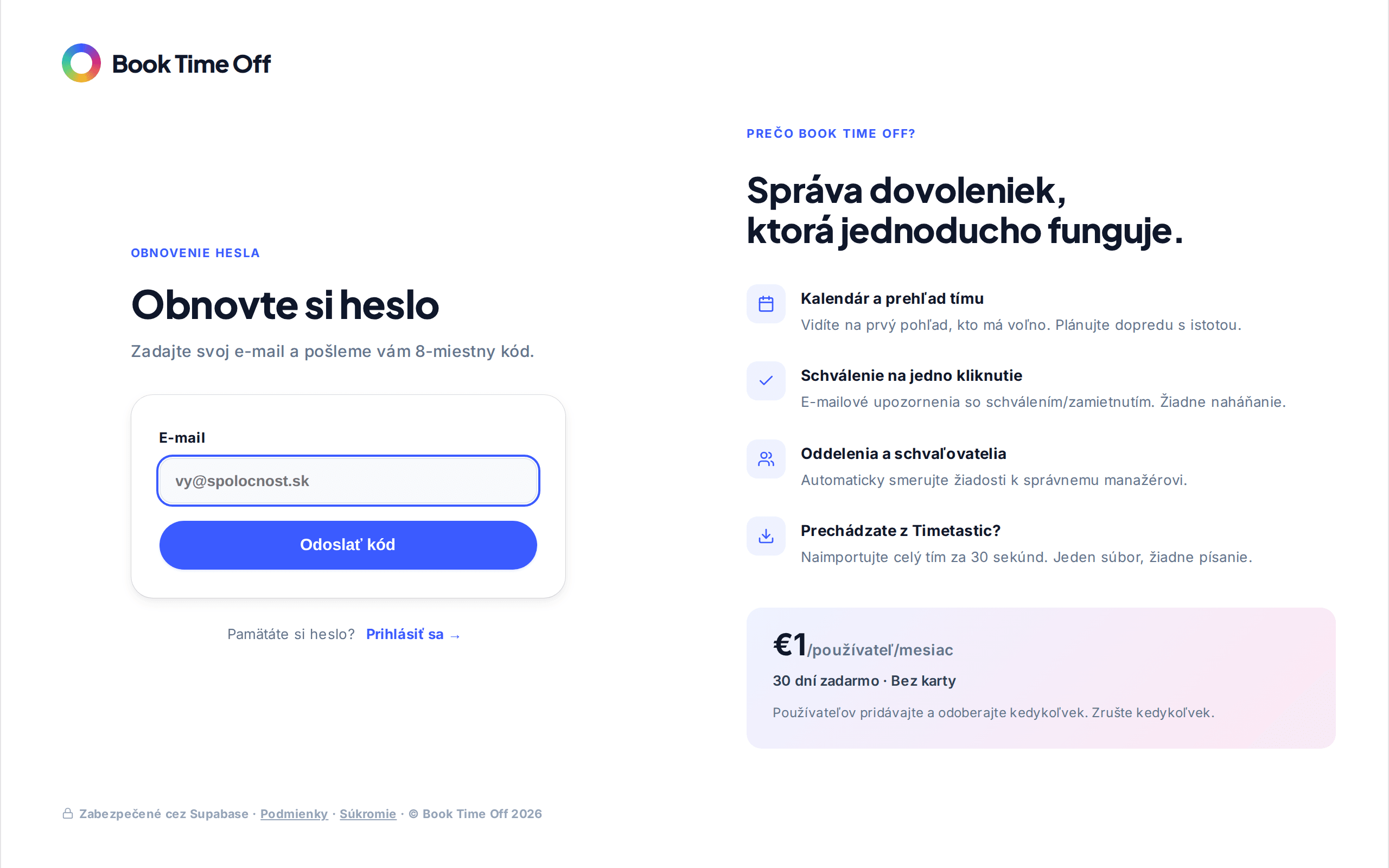 Obrazovka Obnoviť heslo s poľom e-mailu a tlačidlom Odoslať kód