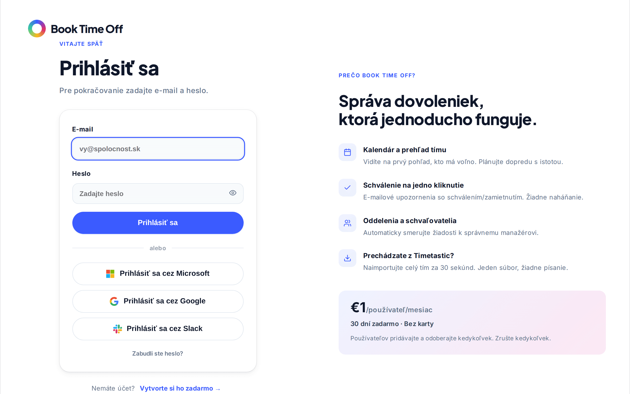 Prihlasovacia obrazovka s e-mailom, heslom a tlačidlom Prihlásiť sa cez Microsoft
