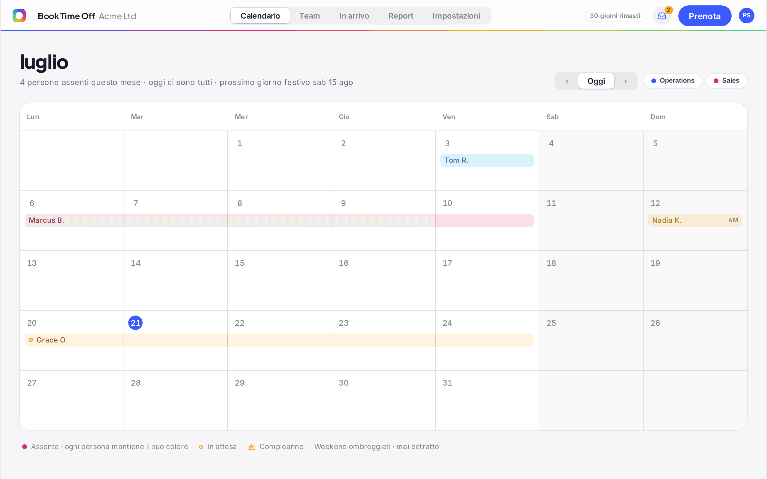 Calendario condiviso Book Time Off di giugno con chi è in ferie, richieste in attesa, compleanni e la prossima festività