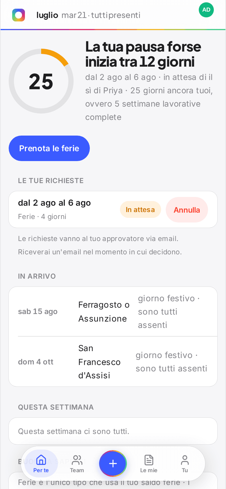 La schermata iniziale di Book Time Off su un telefono, con l'anello dell'anno, i giorni rimanenti e la dock fluttuante