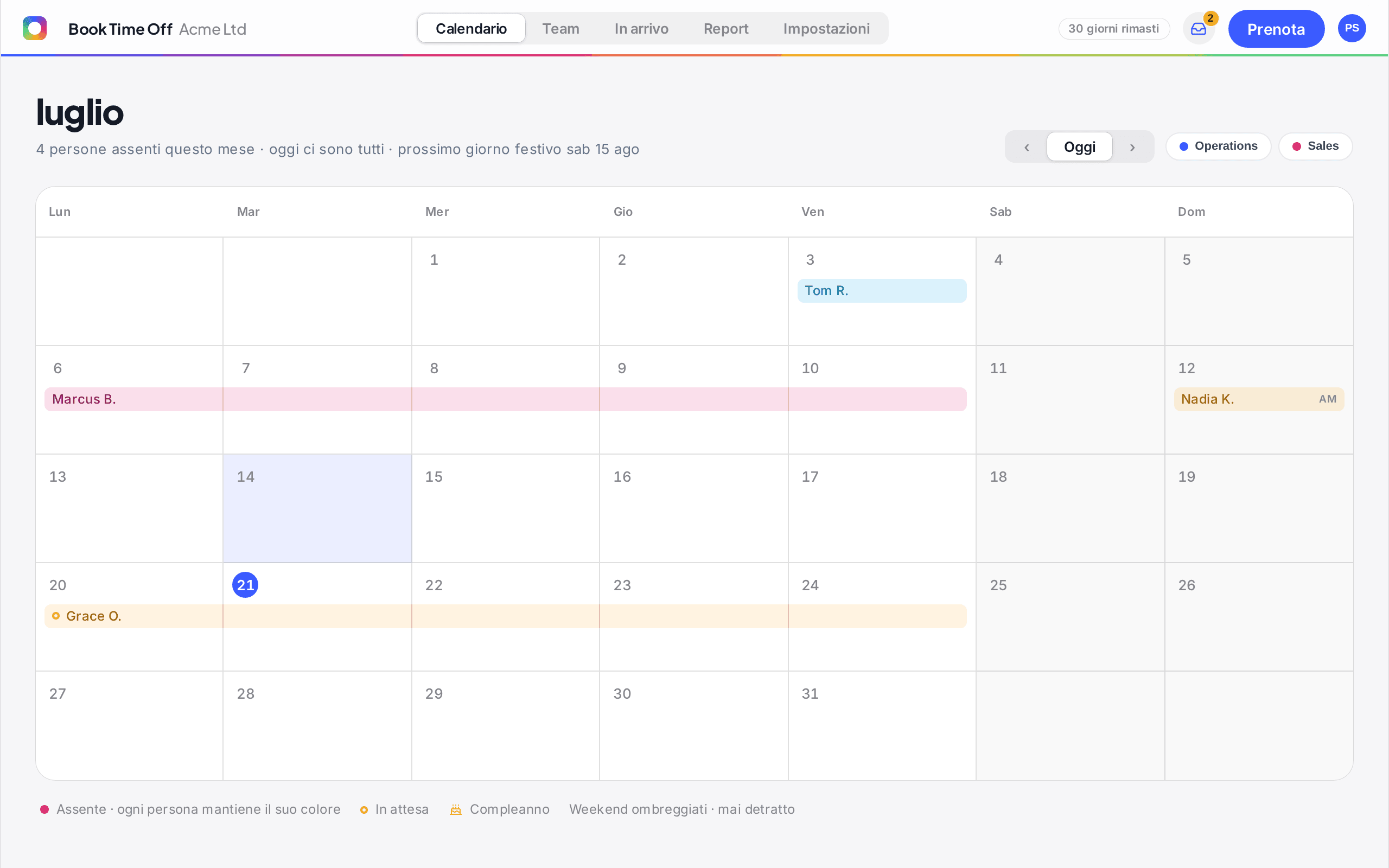 Il calendario di Book Time Off con le assenze prenotate del team per il mese