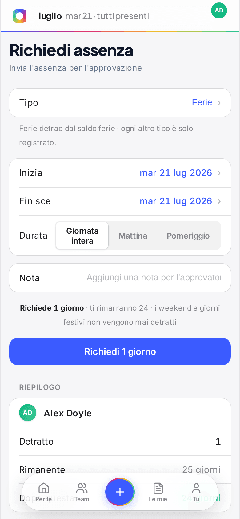 Richiesta di ferie dal telefono in Book Time Off, con scalatura dal monte ferie e scelta tra giornata intera e mezza giornata