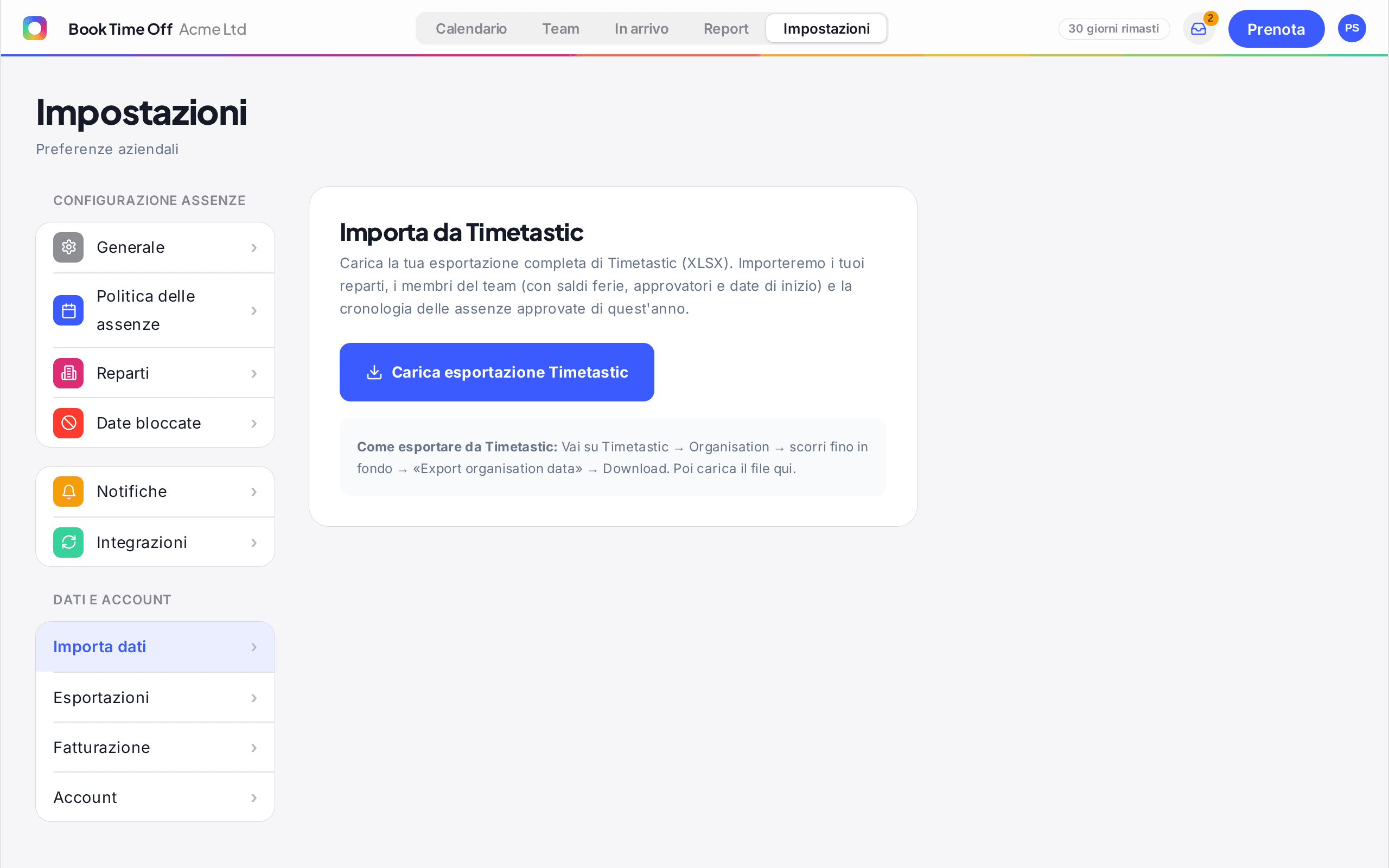 La schermata Importa da Timetastic nelle impostazioni di Book Time Off