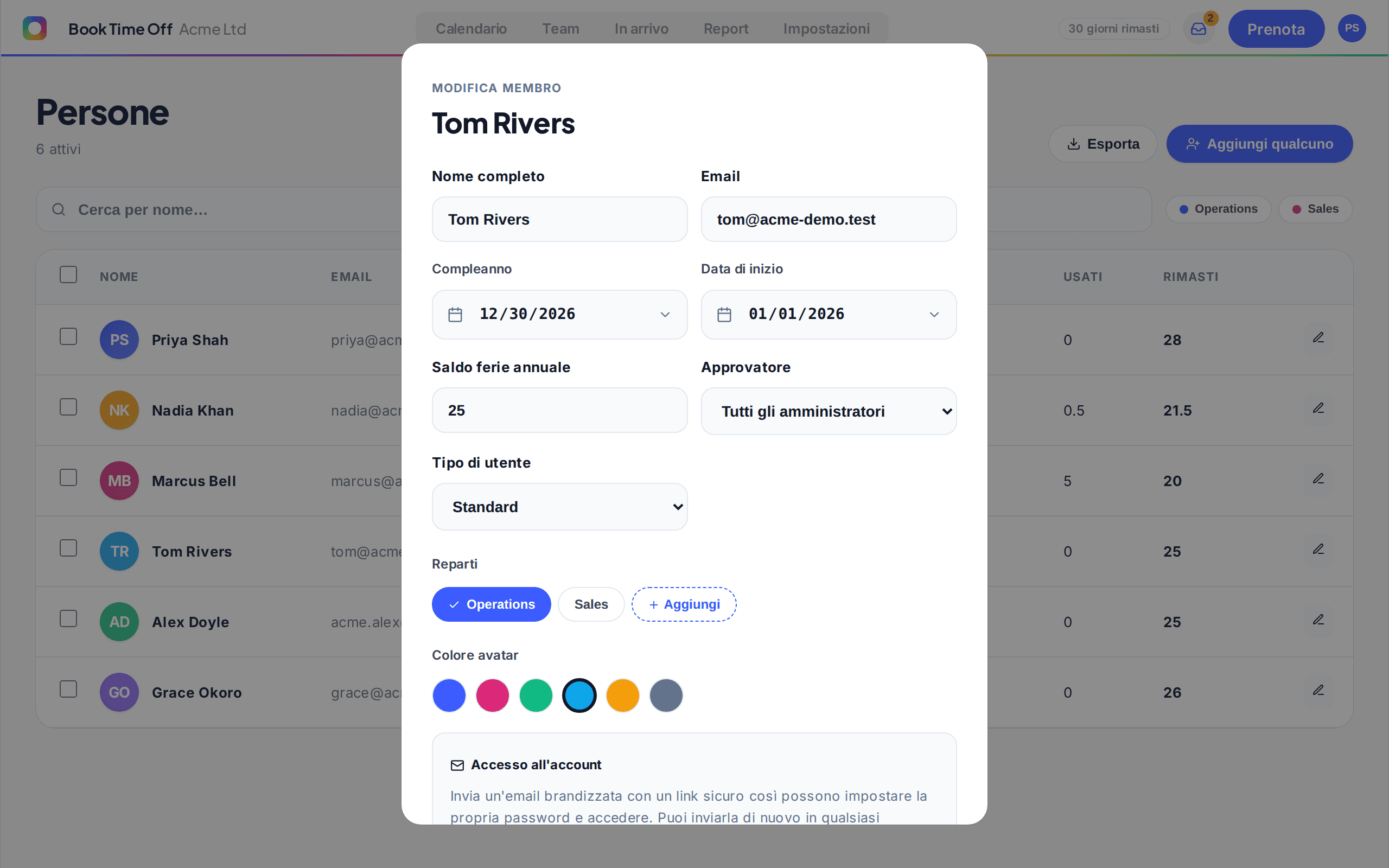 Il pannello del membro con la sezione Accesso account e un pulsante Invia invito