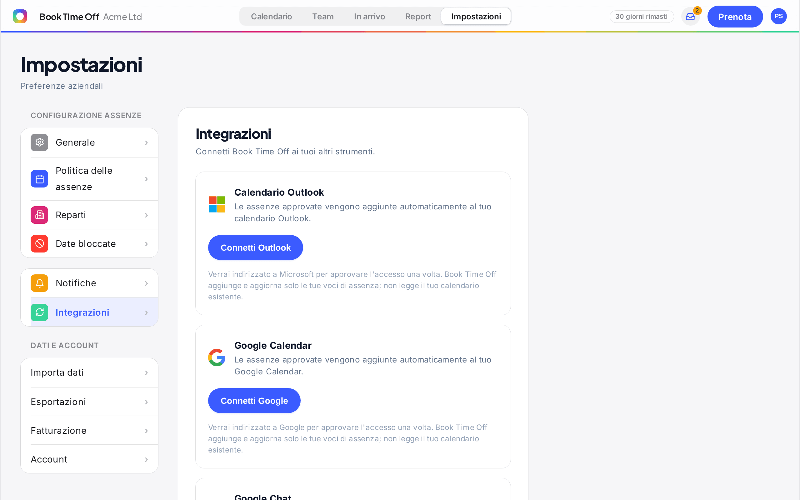 Le impostazioni Integrazioni con l'opzione per connettere il calendario Outlook