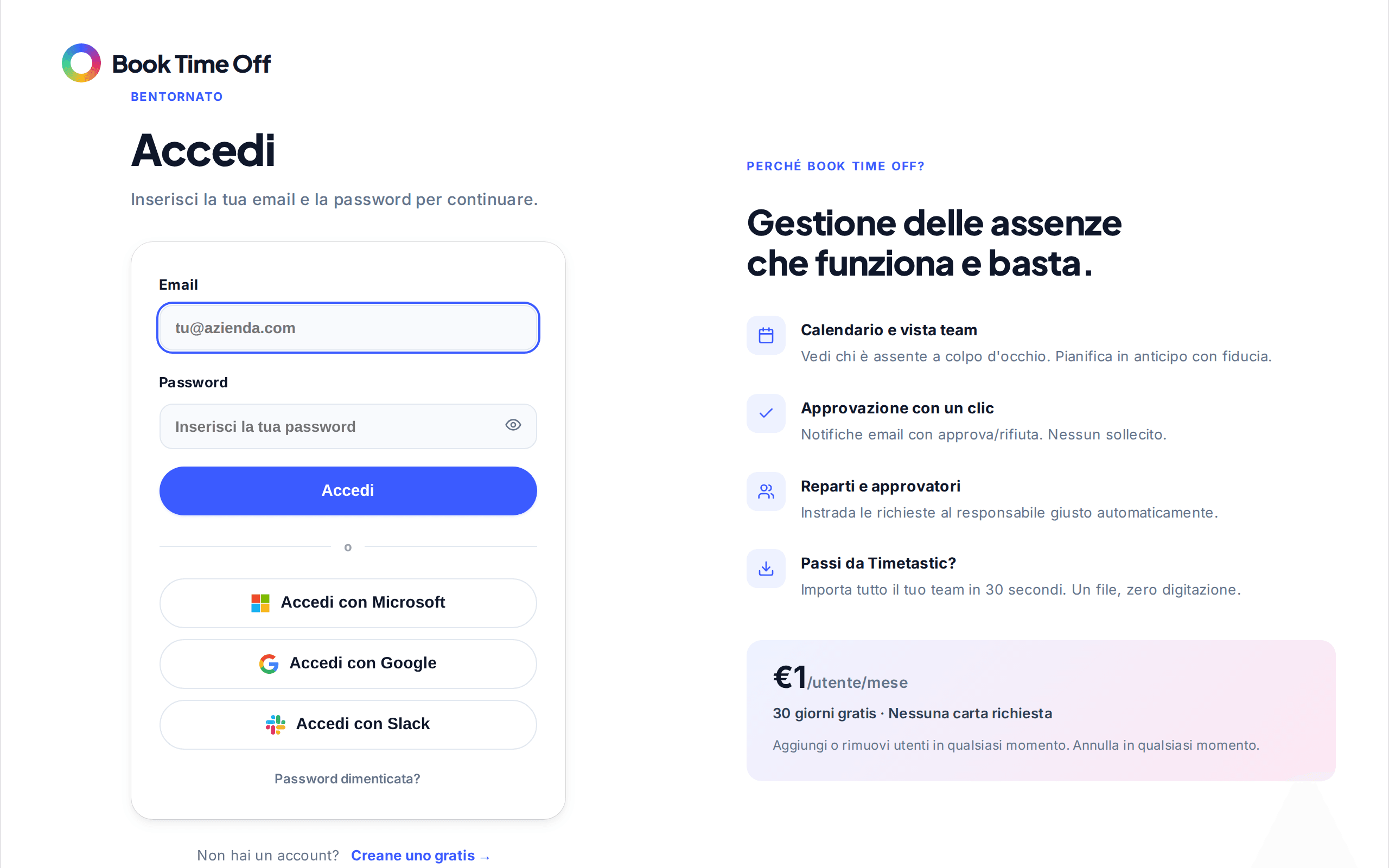 La schermata di accesso con email, password e un pulsante Accedi con Microsoft