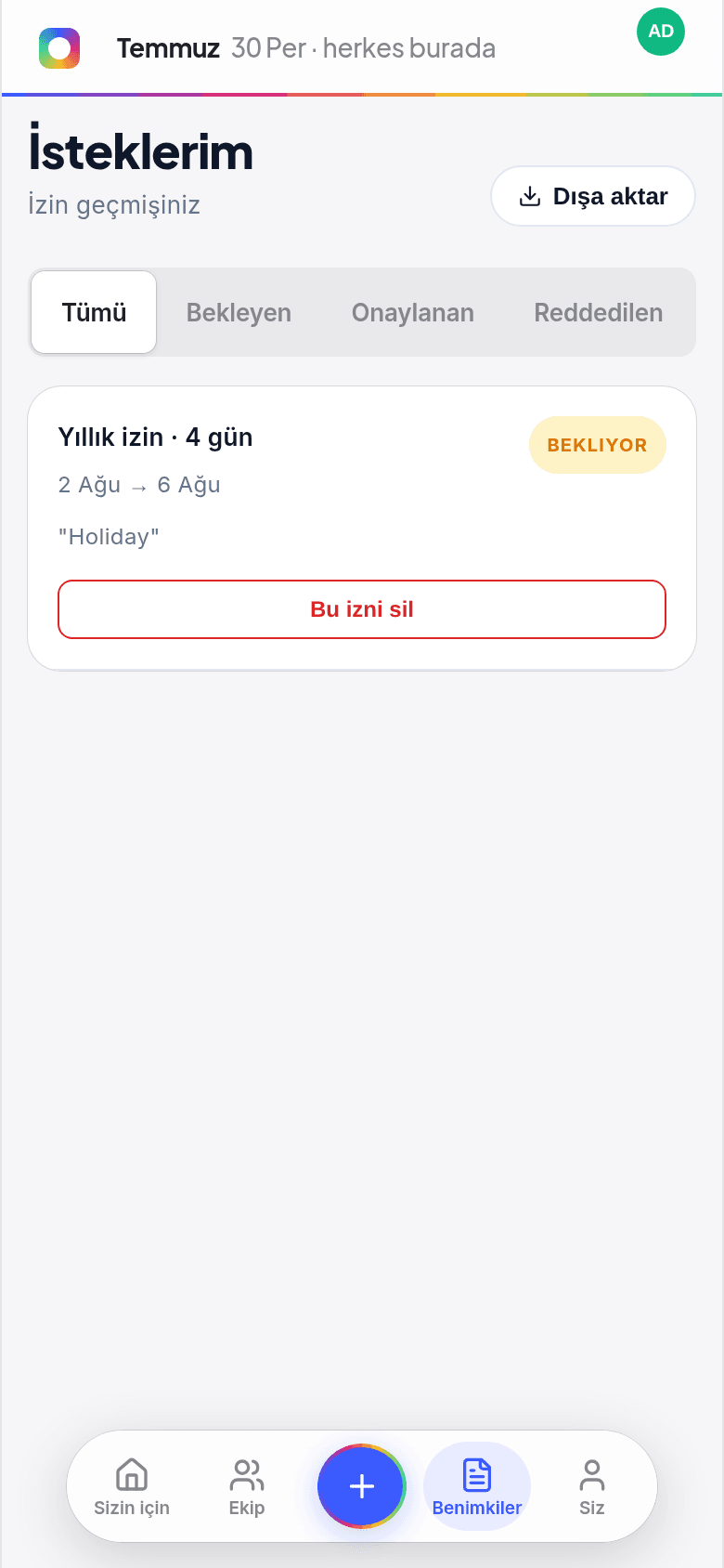 Telefonda, Bu izni sil düğmesi bulunan bekleyen bir talebi gösteren Taleplerim ekranı.