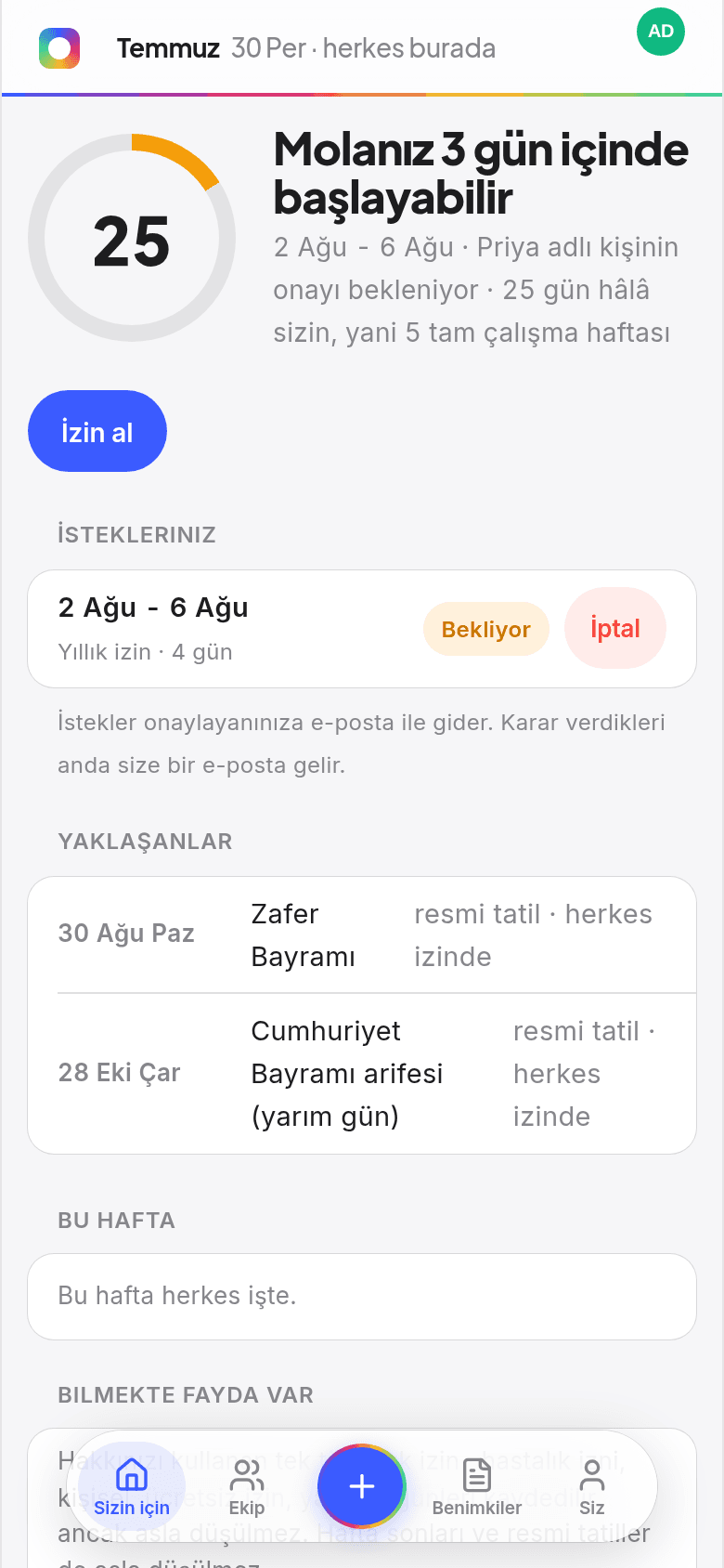 Book Time Off'ta çalışan ana ekranı; bir halkada kalan günler, yaklaşan izinler ve bu hafta kimin izinde olduğu gösteriliyor