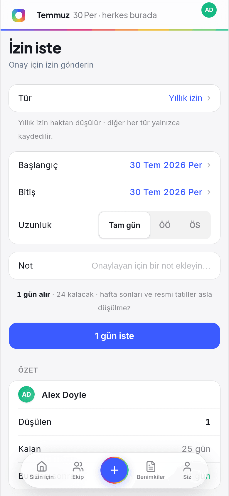 Book Time Off'ta telefondan izin talebi; yıllık izin hakkından düşen günler ve tam gün ya da yarım gün seçeneği gösteriliyor