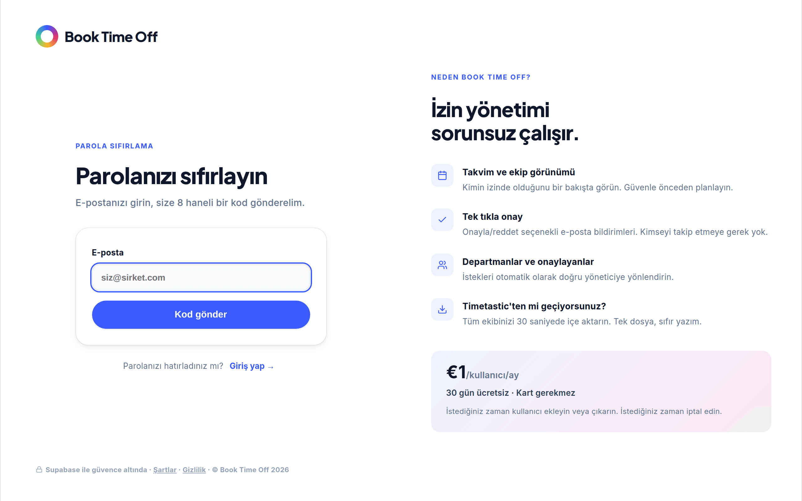 E-posta alanı ve Kod gönder düğmesi bulunan Parolanızı sıfırlayın ekranı