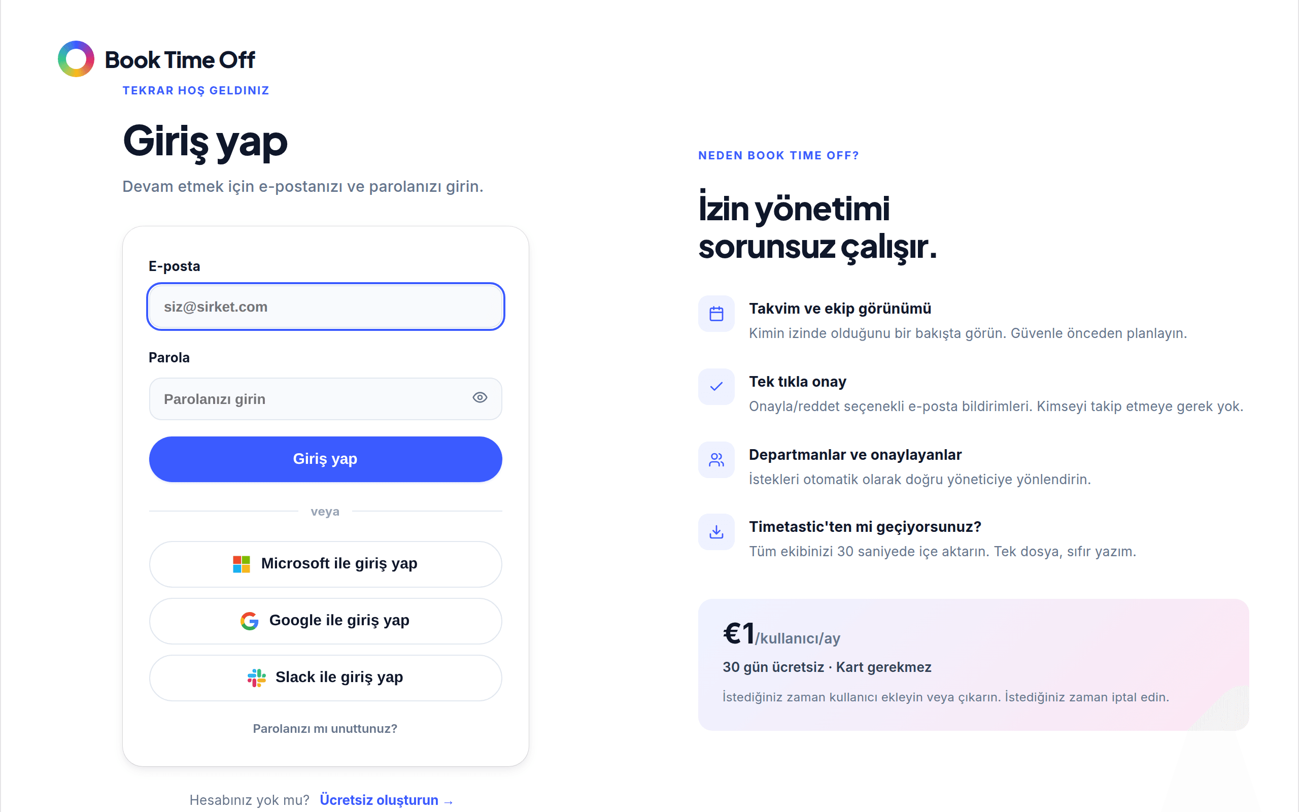 E-posta, parola ve Microsoft ile oturum aç düğmesi bulunan oturum açma ekranı