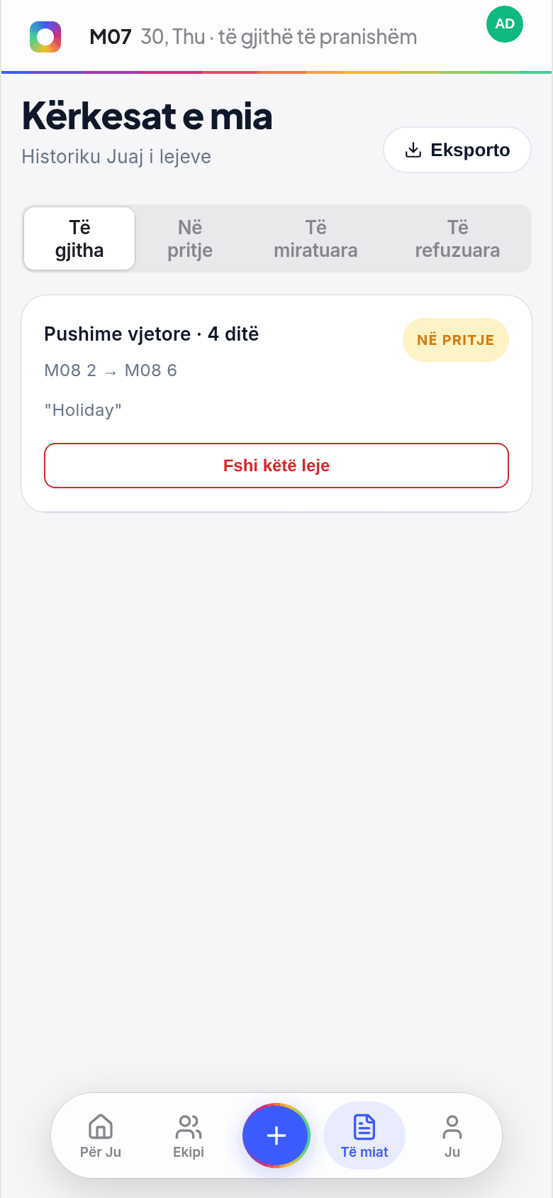 Ekrani i kërkesave të mia në telefon që tregon një kërkesë në pritje me një buton Delete this leave