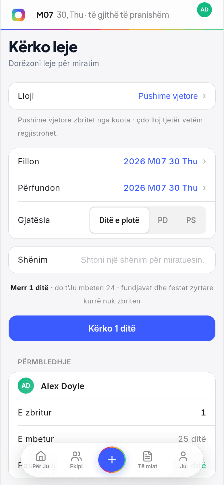 Formulari Request leave në telefon me llojin, datat dhe një fushë arsyeje
